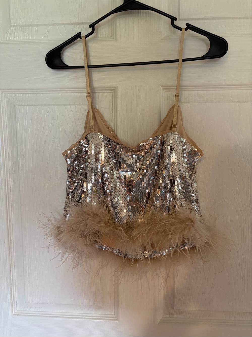 Sequin Feather Trim Cami Crop Top in Champagne - Picture 2 of 2